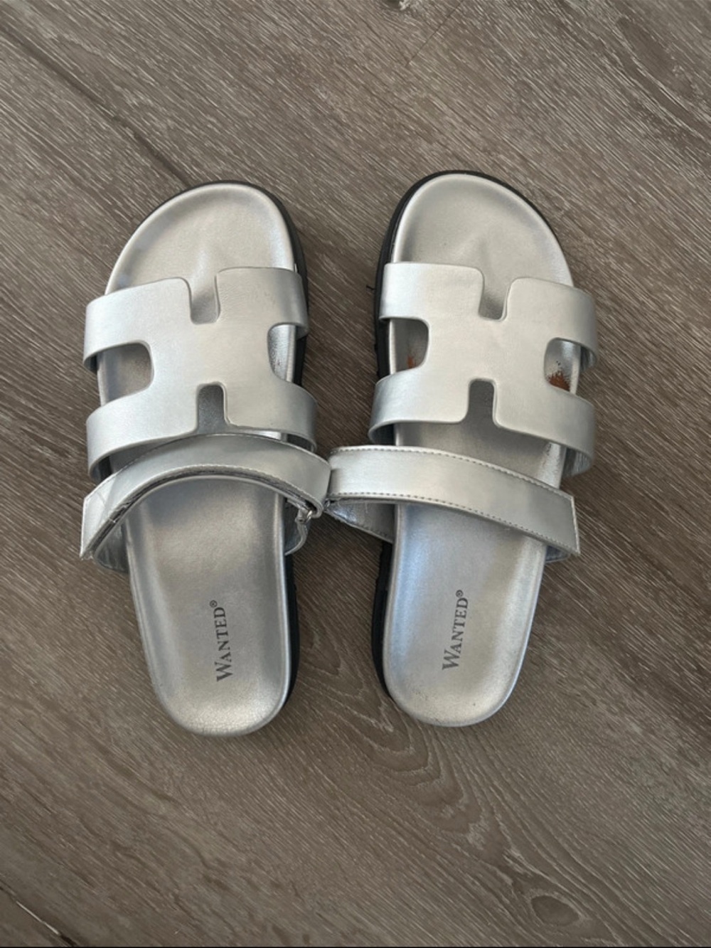 WANTED Metallic Silver Double-Strap Slide Sandals